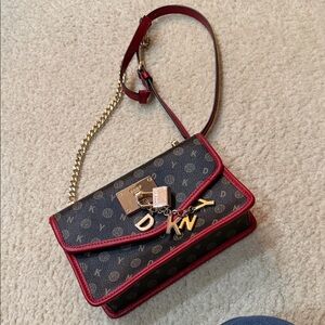 DKNY Black and Red Crossbody Bag with Gold Chain